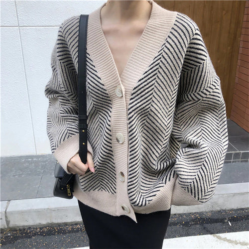 Striped V-Neck Cardigan Buttons Oversize Sweater