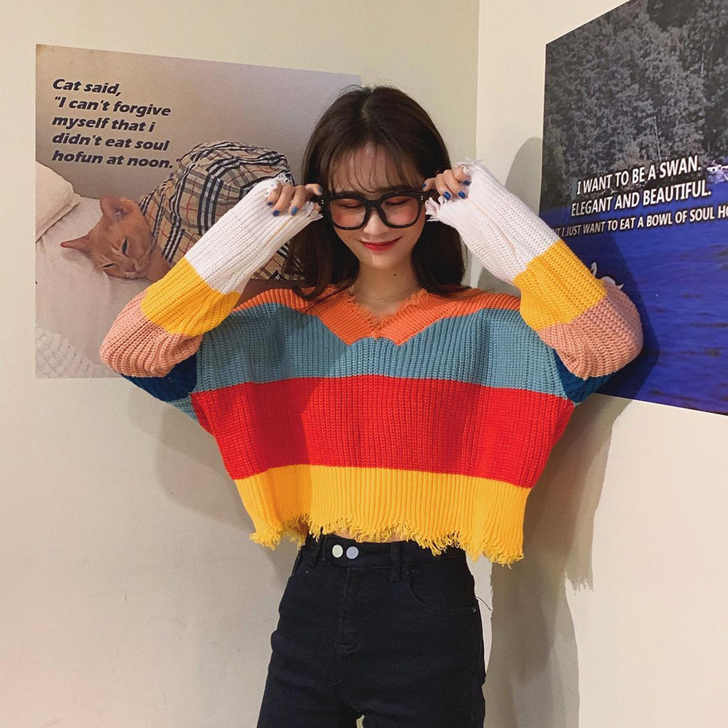 V-Neck Colors Striped Tassel Loose Sweater