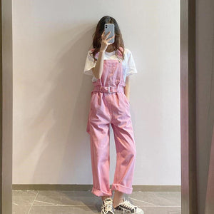 Wide Leg Belted Pink Denim Jumpsuit