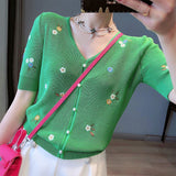 Short Sleeve Floral Embroidery Thin Knitted Cardigans Sweater