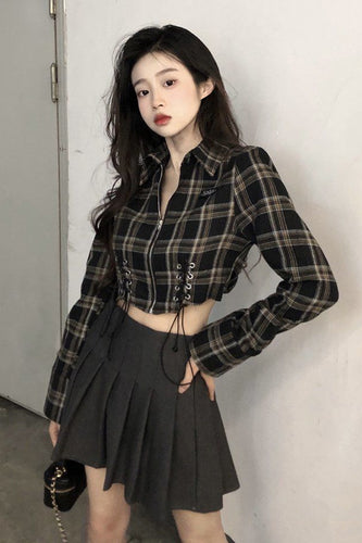 Long Sleeve Zip Up Plaid Cropped Shirt