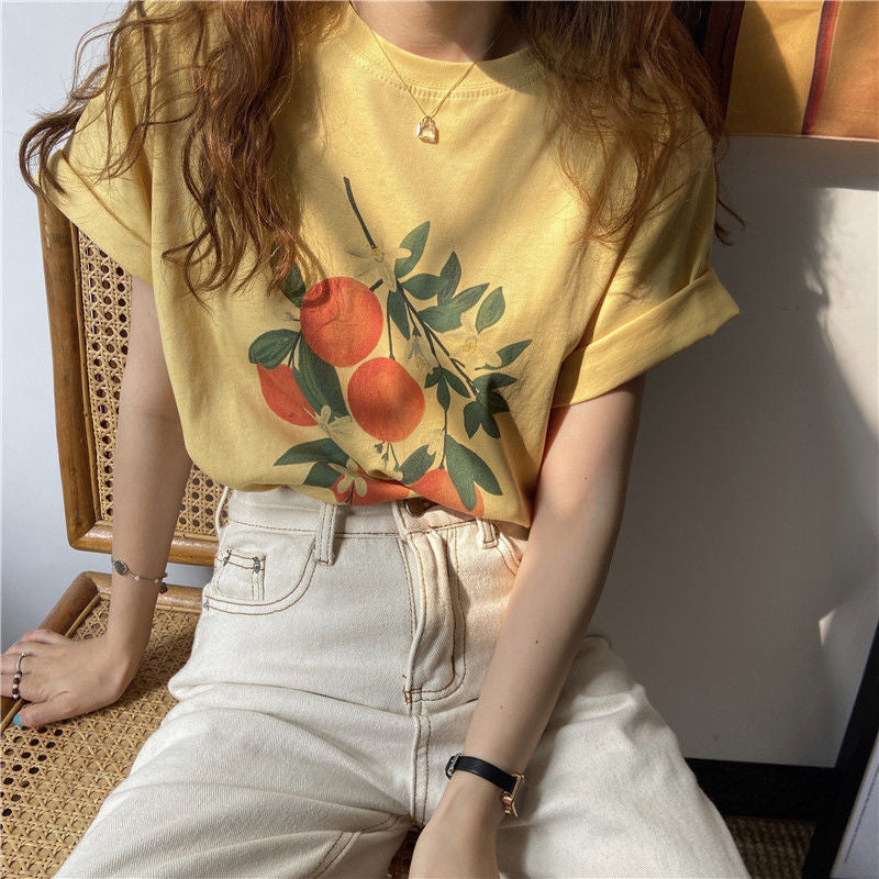 Orange Fruits Printed Loose Shirts