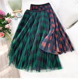 Plaid Long Pleated Tulle Skirt