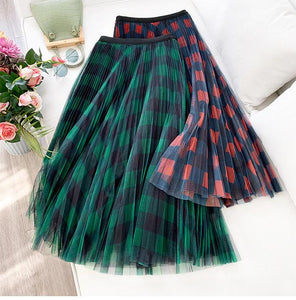 Plaid Long Pleated Tulle Skirt