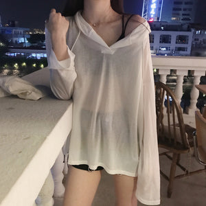 Sexy Backless Loose Thin Hooded Long Sleeve Shirt