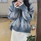 Argyle Pattern Loose O-Neck Knitted Sweater