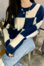 Blue Checkered Pattern Casual Sweater