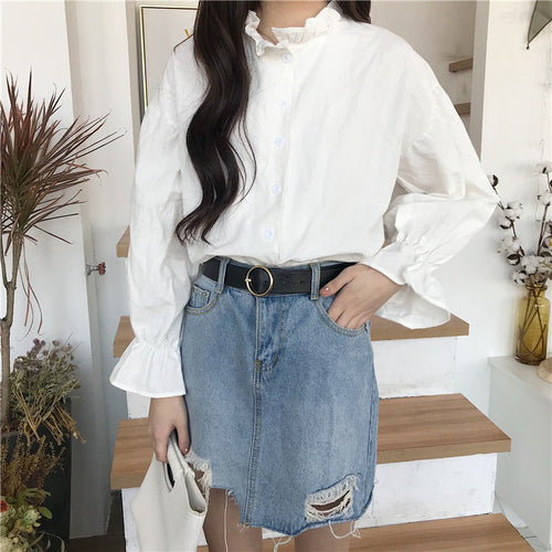 Long Sleeve Cute Ruffles Blouse Shirt