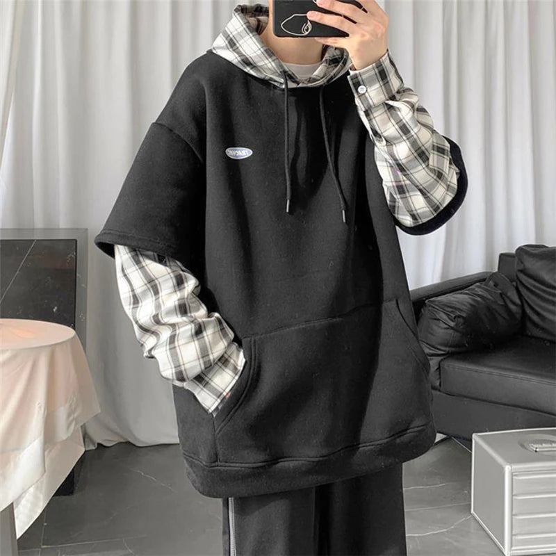 Two Pieces Hooded Plaid Sweatshirt