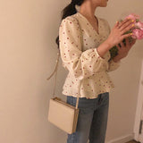 Heart Printed Slim Waist V-Neck Blouse