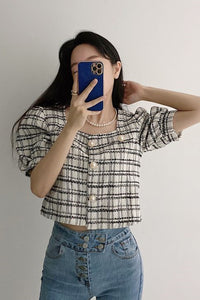 Vintage Pearls Button Square Collar Plaid Shirt