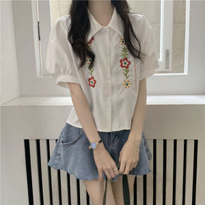 Short Sleeve Floral Embroidery Blouse Shirt