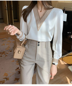 Long Sleeve V-Neck Embroidered Elegant Blouse Shirt