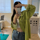 Green Retro Striped Vintage Blouse Shirt
