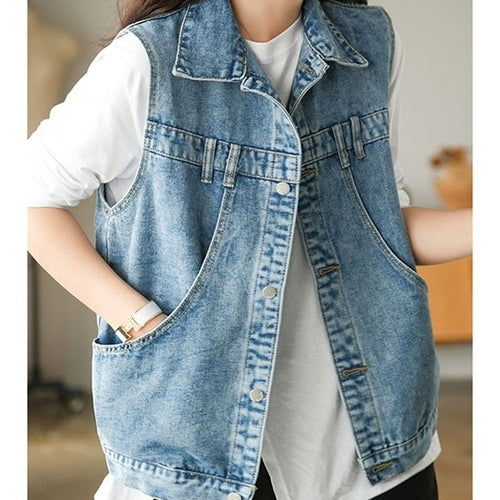 Retro Sleeveless Denim Pockets Vest Jacket