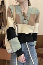 Lace Up Striped Color Knitted Sweater