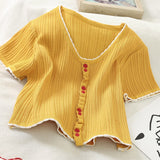 V Neck Slim Button Up Casual Knitted Cropped Shirt