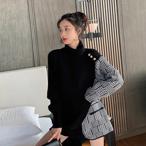 Retro Turtleneck Plaid Combination Knitted Sweater