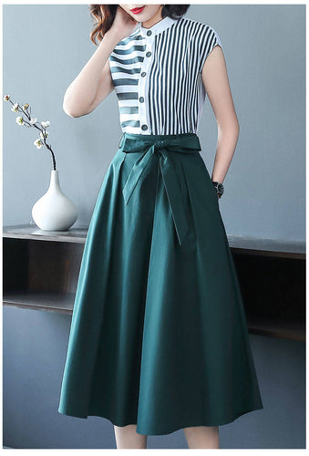 Two Piece Set Casual Striped Shirts Blouses and Bow Midi Skirt