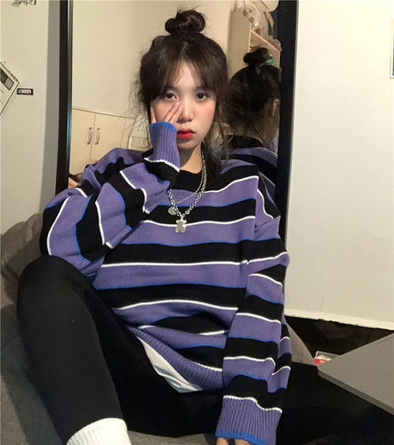 Purple Big Striped Loose Oversize Sweater