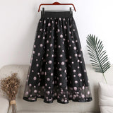 High Waist Daisy Flowers Pattern Mesh Long Skirt