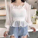 Lantern Sleeve Solid Lace Slash Neck Shirt