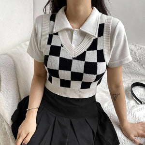 Checkered Printed Crop Tops Slim Sweater