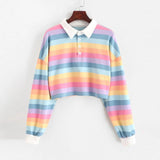 Rainbow Patchwork Button Cropped Long Sleeve Shirt