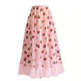 Sweet Strawberry Elastic Waist Ruffle Skirt