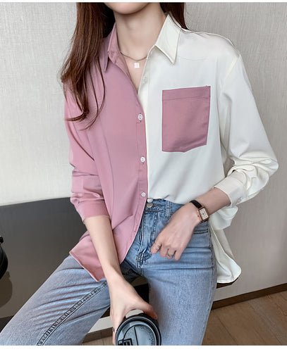 Long Sleeve 2 Colors Combination Blouse Shirt