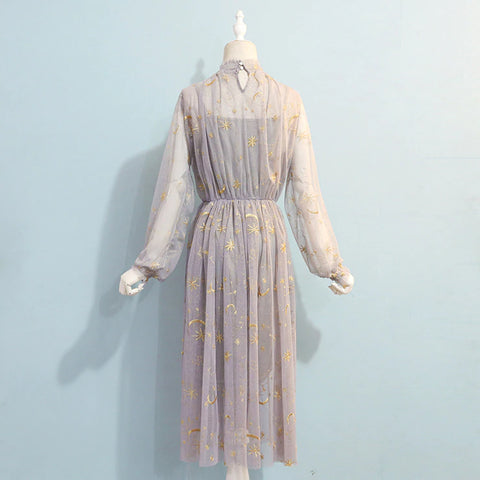 star and moon mesh dress Elegant Moon and Stars Mesh Long Sleeve Dress – Tomscloth