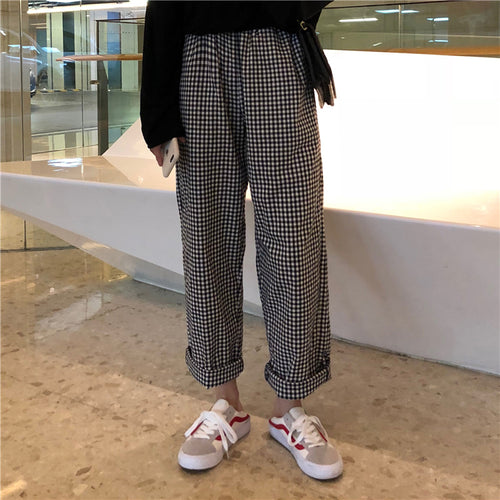 Casual Loose Black Plaid Wide Leg Pants