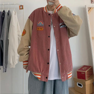 Retro Letter Embroidered Corduroy Baseball Jacket