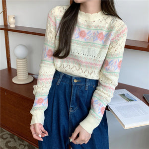 O-Neck Flowers Printed Hollow Sweater