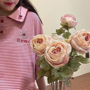 Flowers Embroidered Striped Polo Collar Shirt