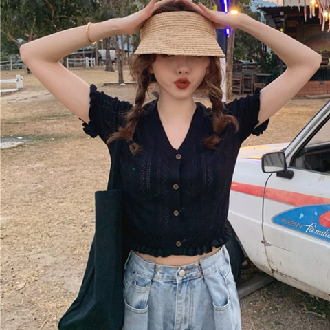 V-Neck With Button Ruffle Knitted Cropped Shirt