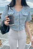 Short Sleeve Retro Plaid Blouse Shirt