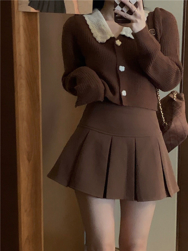 High Waist A-Line Brown Pleated Skirt