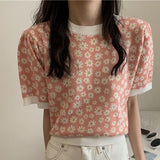Puff Sleeve Daisy Pattern O-Neck Knitted Shirt