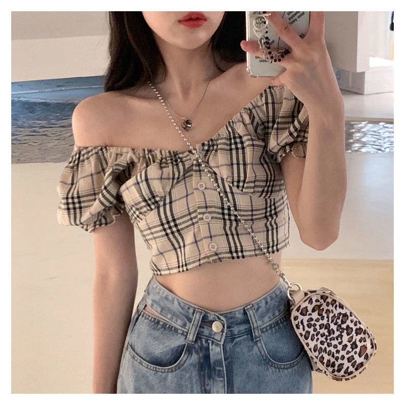 Puff Sleeve Plaid Sexy Crop Tops