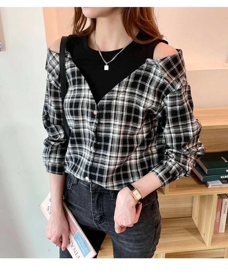 Loose Fake Two Piece Style Plaid Shirt