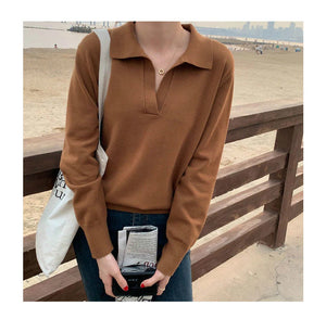 Warm Basic Turn Down Collar Long Sleeve Knitted Sweater