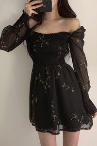 Sexy Black Flower Long Chiffon Dress