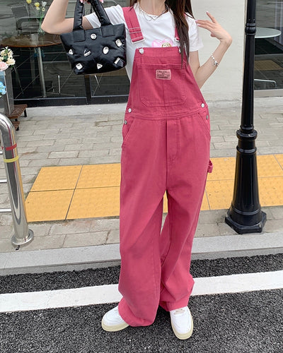 Loose Casual Pink Denim Jumpsuits