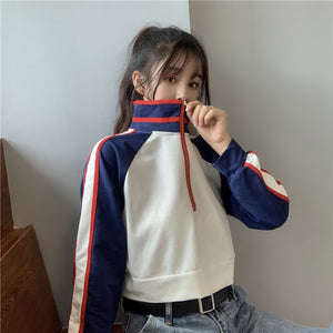 High Neck Zipper Collar Striped Cropped Sweatshirt