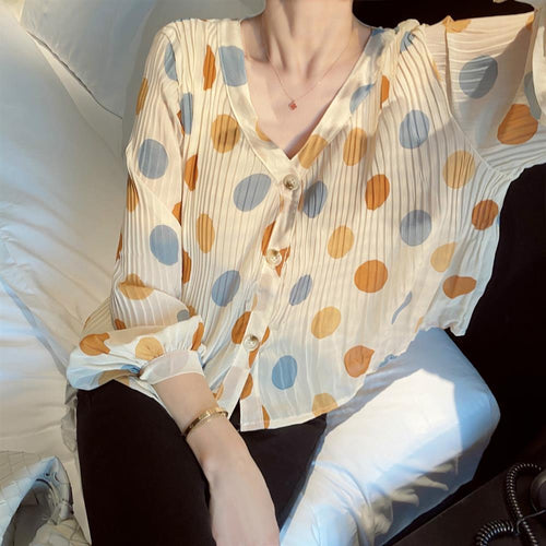 V-Neck Elegant Polka Dot Chiffon Blouse Shirt