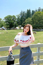 Strawberry Embroidery Ruffle Puff Sleeve Tops