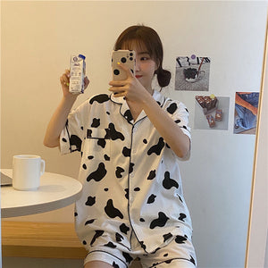 Short Sleeve Cow Pattern Printed 2Pcs Pajamas Set