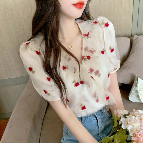 Puff Sleeve Rose Pattern Office Blouse Shirt