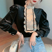 Long Sleeve Stand Collar Elegant Velvet Blouse Shirt